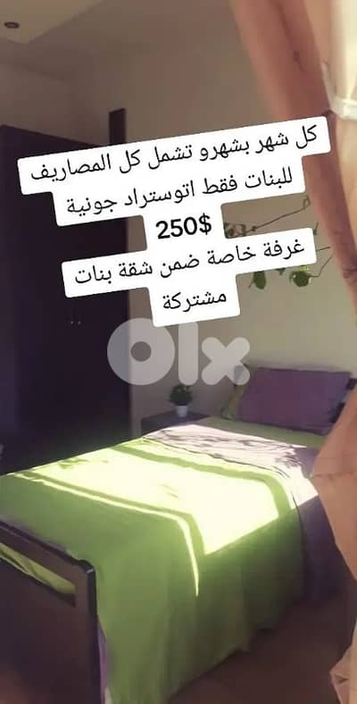 كل شهر بشهرو مع كل المصاريف للبنات فقط مفروش على اتوستراد الكسليك 200$