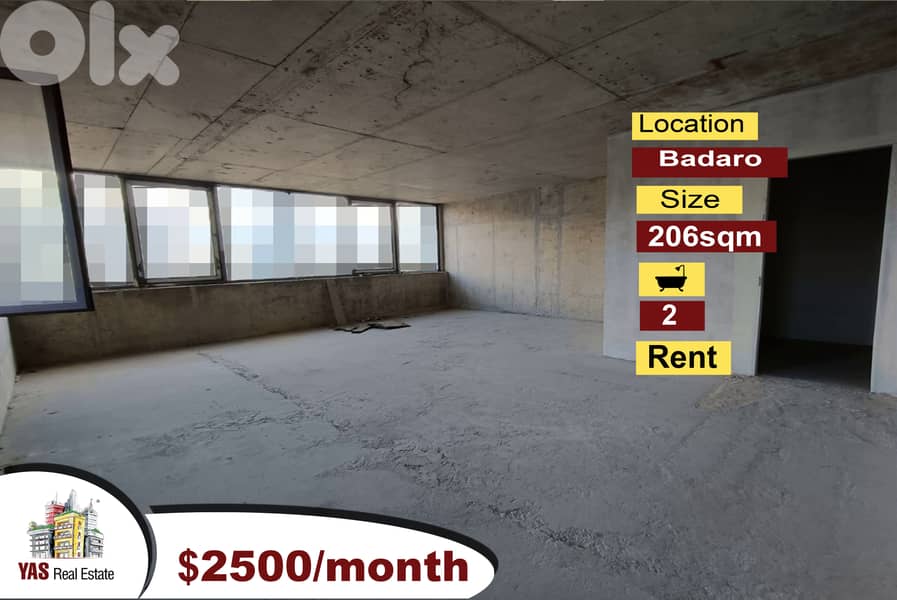 Badaro 206m2 | Rent |  Office | Core & Shell | Prime Location | AA/MJ 0