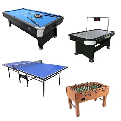 Set featuring billiard, baby foot , air hockey, and ping pong. Set featuring billiard, baby foot , air hockey, and ping pong.