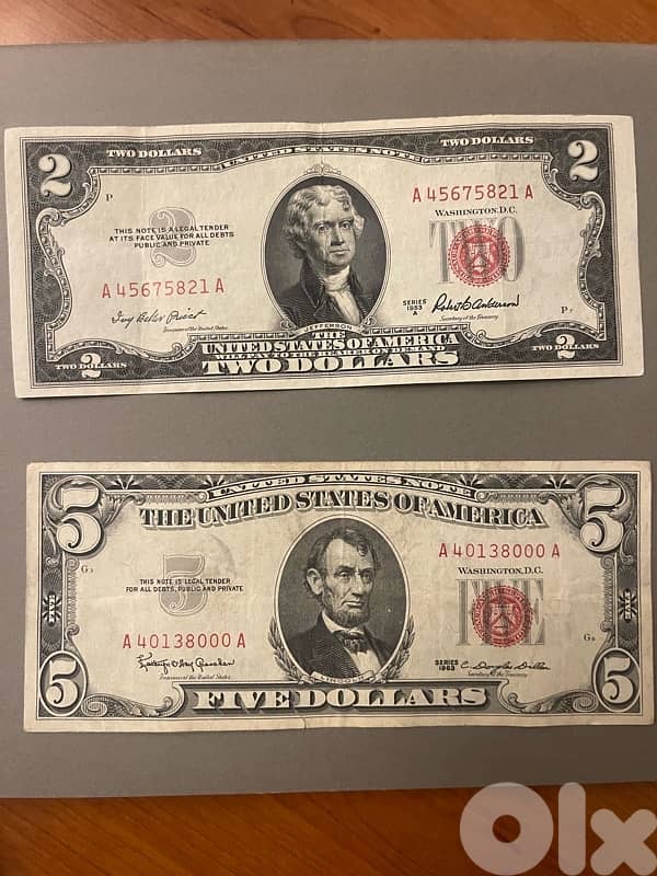 US 2$ 1953 and 5$ 1963 series bank note 0