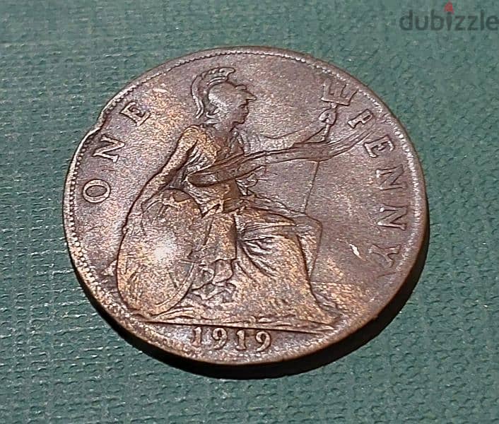 1919 England king George V one Penny bronze coin 1