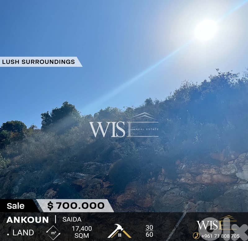 Prime 17400 SQM Land for SALE in Ankoun -Saida ! 0