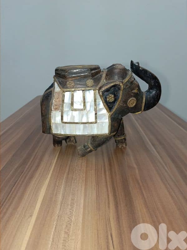 Vintage Handmade Wooden Elephant with Brass & Shell Inlay 0