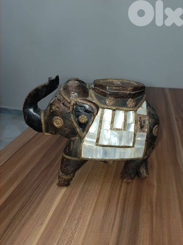 Vintage Handmade Wooden Elephant with Brass & Shell Inlay 1