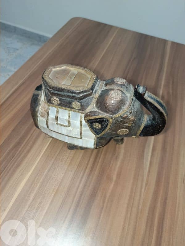 Vintage Handmade Wooden Elephant with Brass & Shell Inlay 2