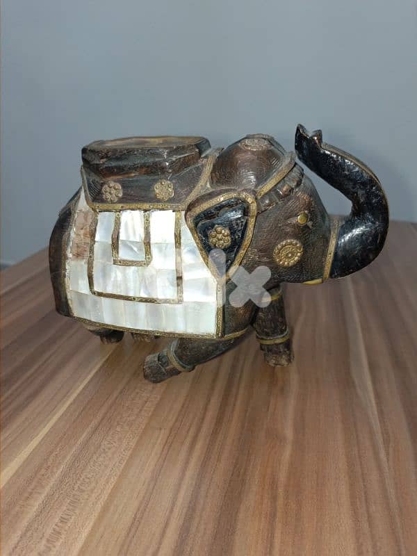 Vintage Handmade Wooden Elephant with Brass & Shell Inlay 3