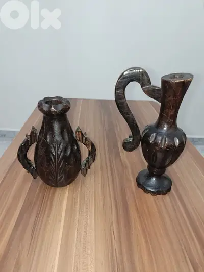 2 Vintage Hand Carved Wood Pitchers