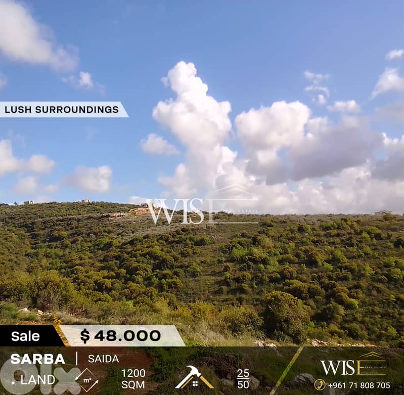 Prime 1200 SQM Land for SALE in Sarba- Saida ! 0