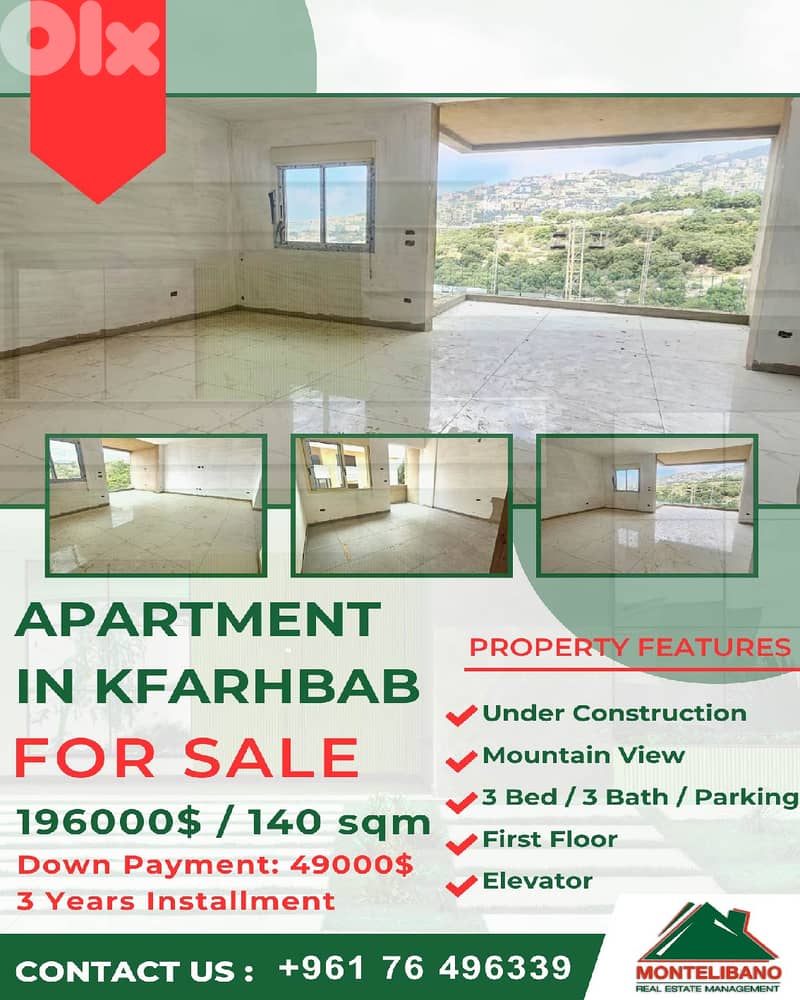 Under Construction 140sqm Apartment For Sale in Kfarhbab + Installment 0