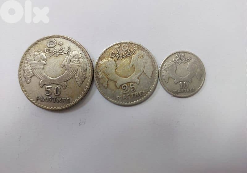 Set of three Silver Lebanon Coins year 1929 10,25,50 piaster 1