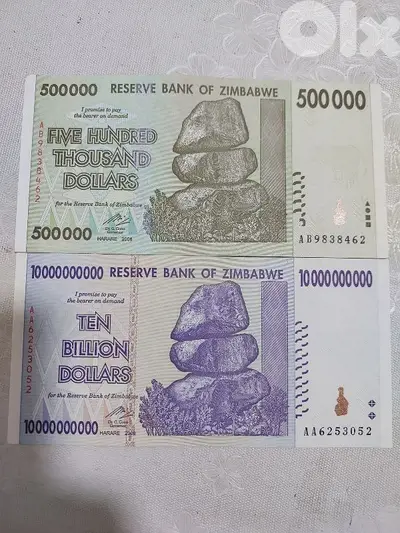 Set of Two Zimbabwe UNC banknotes 500,000& 10,000,000,000 Dollars