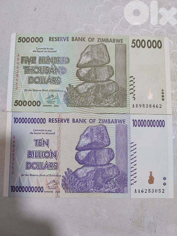 Set of Two Zimbabwe UNC banknotes 500,000& 10,000,000,000 Dollars 0