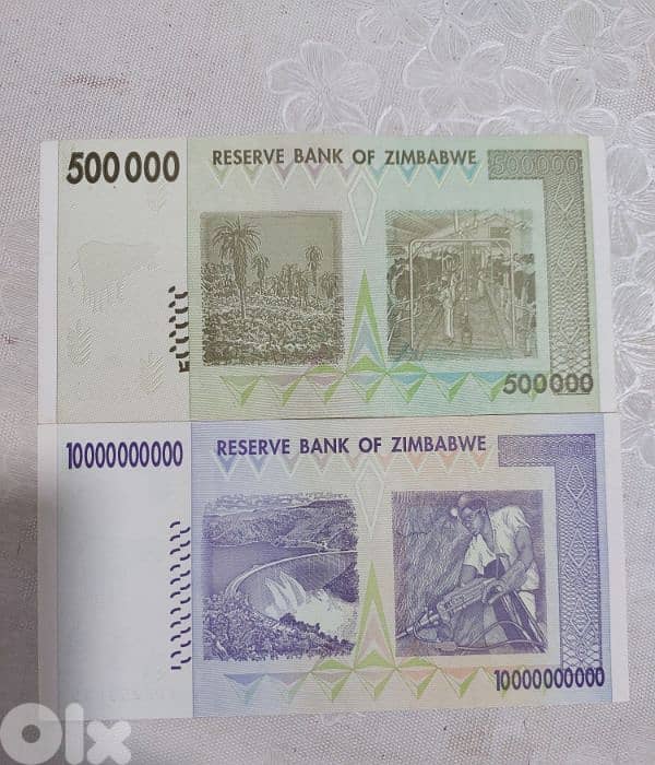 Set of Two Zimbabwe UNC banknotes 500,000& 10,000,000,000 Dollars 1