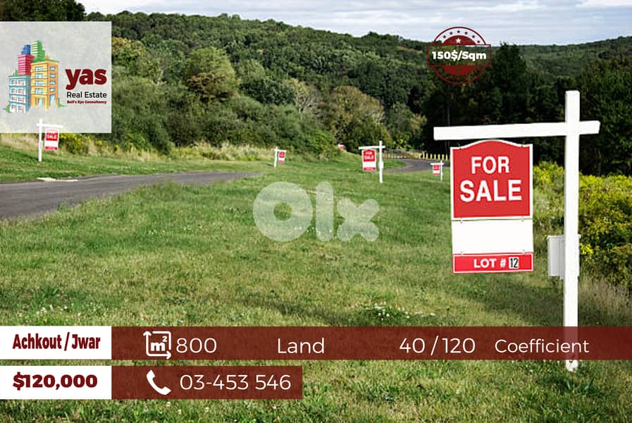 Achkout / Jwar 800m2 | Flat Land | 40 / 120 Coefficient | View | WA | 0