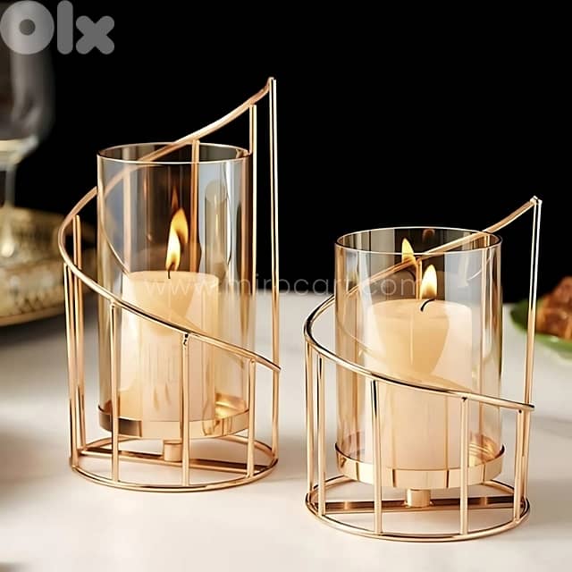 Golden Pillar Candle Holder – Spiral Metal Design with Windproof Glass 0