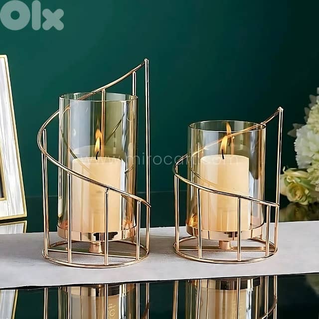 Golden Pillar Candle Holder – Spiral Metal Design with Windproof Glass 3