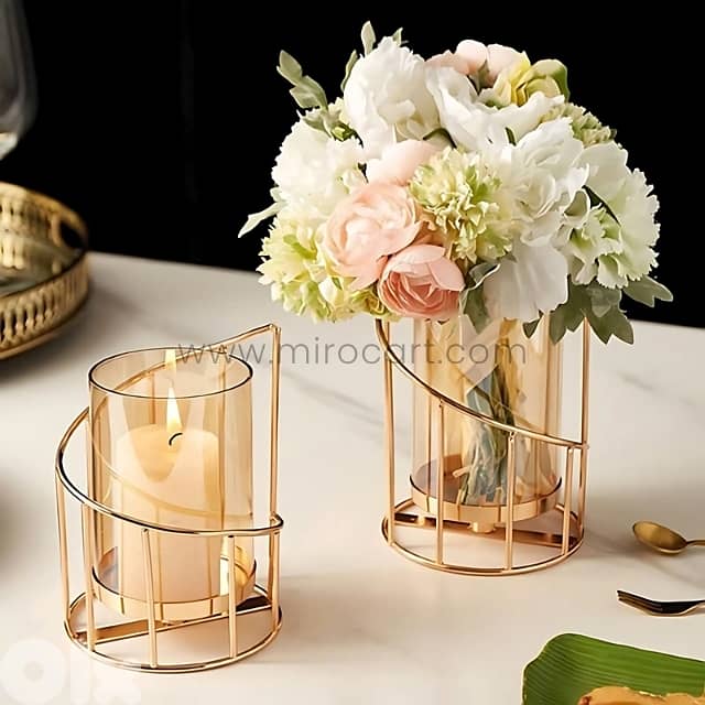 Golden Pillar Candle Holder – Spiral Metal Design with Windproof Glass 10