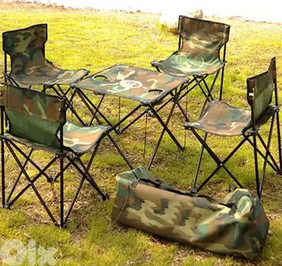 Army print foldable chairs and table