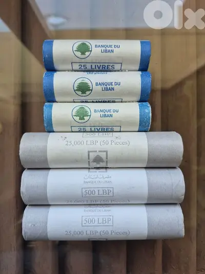 6 coin rolls 25 livres and 500 livres libanaises