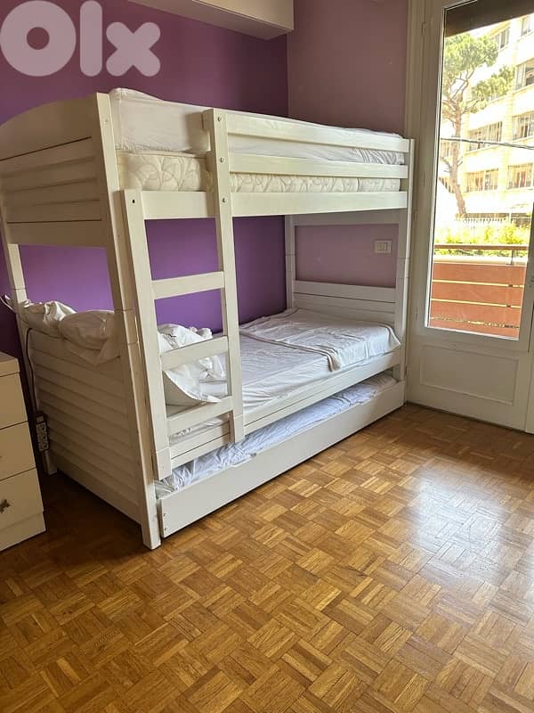Wooden French Triple deck Bed + 2 bookshelves + 2desks + shoes Cabinet 1