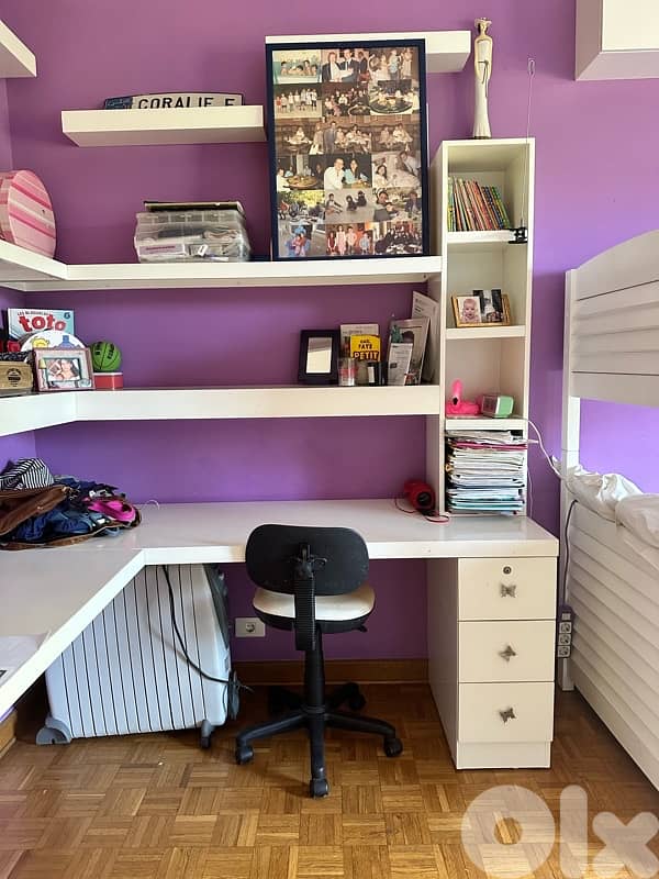 Wooden French Triple deck Bed + 2 bookshelves + 2desks + shoes Cabinet 10
