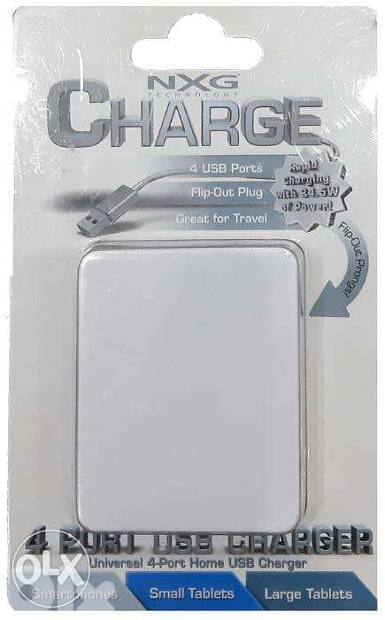 NXG Technology 4 Port USB Charger 24.5W Full Speed Home/Travel 2.4A 1A 0