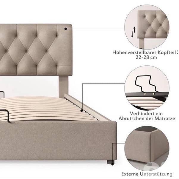 Double Bed, Adjustable Headboard, Bed with Metal Slatted Base 6
