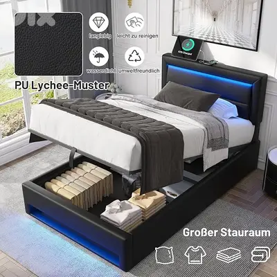 Upholstered Bed 90 x 200 cm with Bed Box, LED Lighting, USB Connection