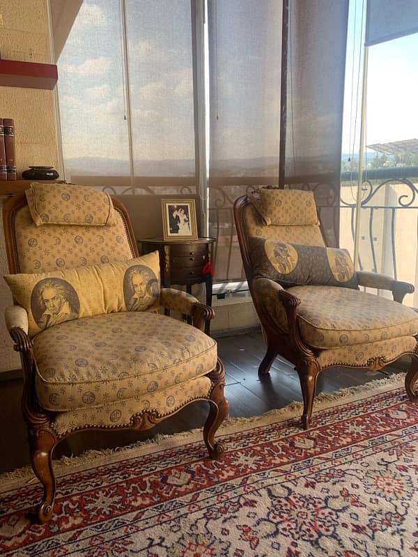 2 Vintage Arm chairs + Antique side tables 1