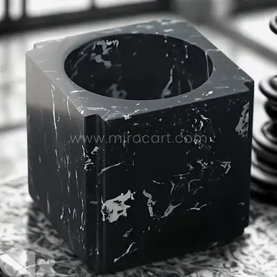 Modern Black Marble Vase – 6” Geometric Cube Decor with White Veining