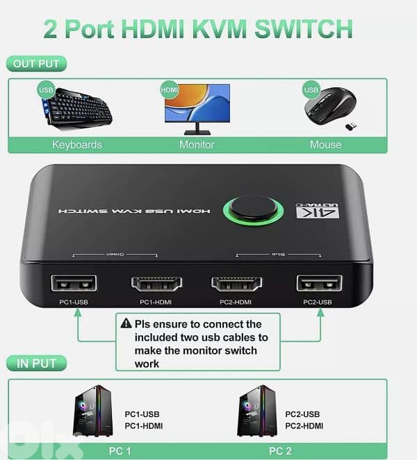 Jancane 4K KVM Switch HDMI 2 Port Box USB HDMI cables/4$ delivery 7