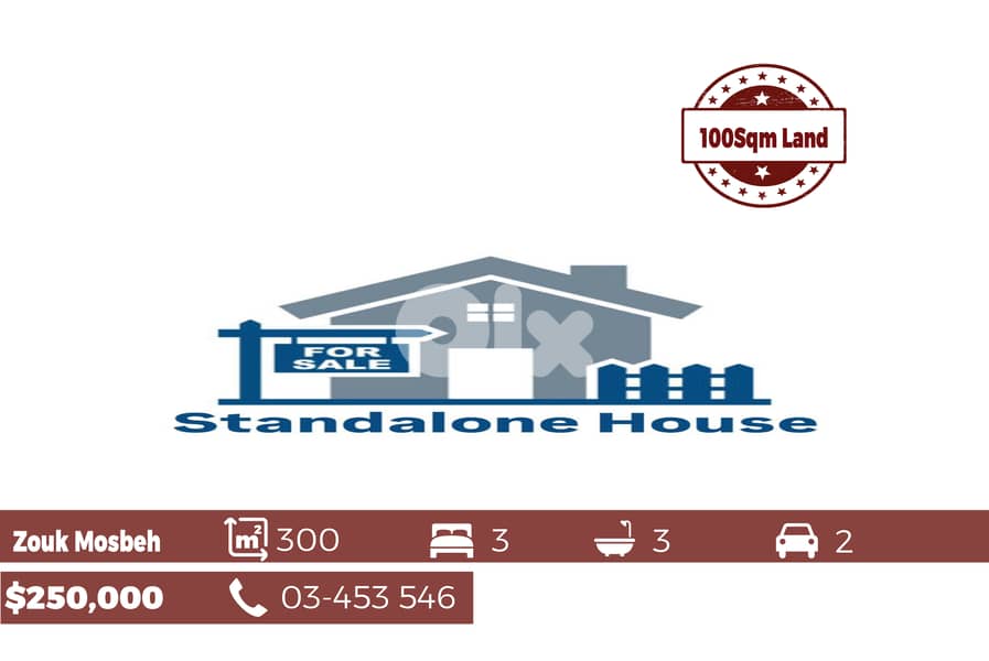 Zouk Mosbeh 300m2 | 100Sqm Land | Standalone House | Private Street | 0