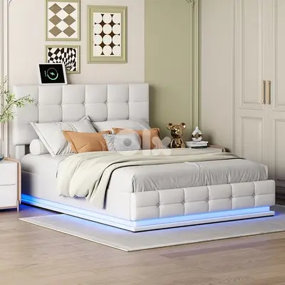 double bed leather white