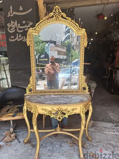 كونسول رائع جدا خشب زين حفر ناعم تلبيس ورق الذهب وجه رخام مميز