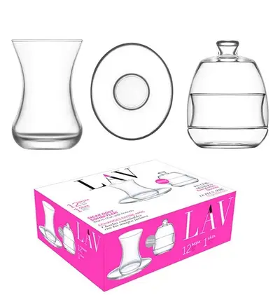 Lav Traditional Tea Glasses And Saucers Set with Sugar Container