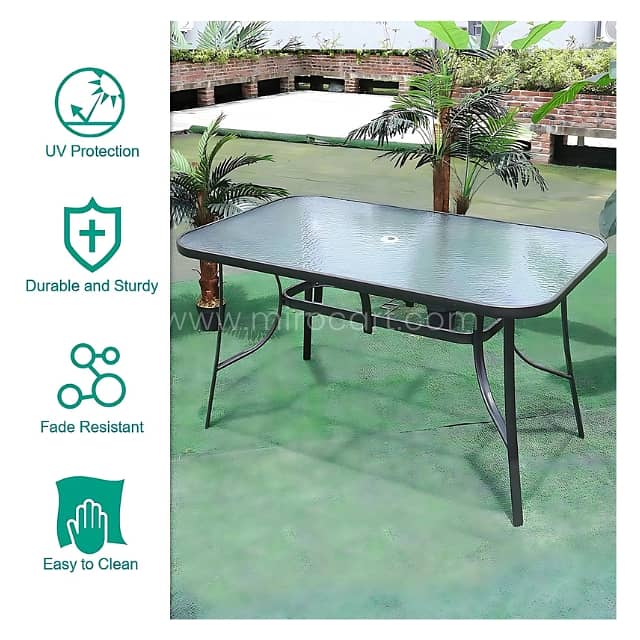 Modern Outdoor Table Set for 4–6 w/ Chairs, Glass Top & Umbrella Hole 15
