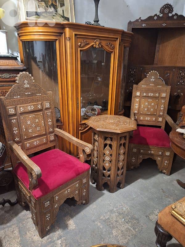 pair of arabisc chais with high table mother of pearl inlaid 0