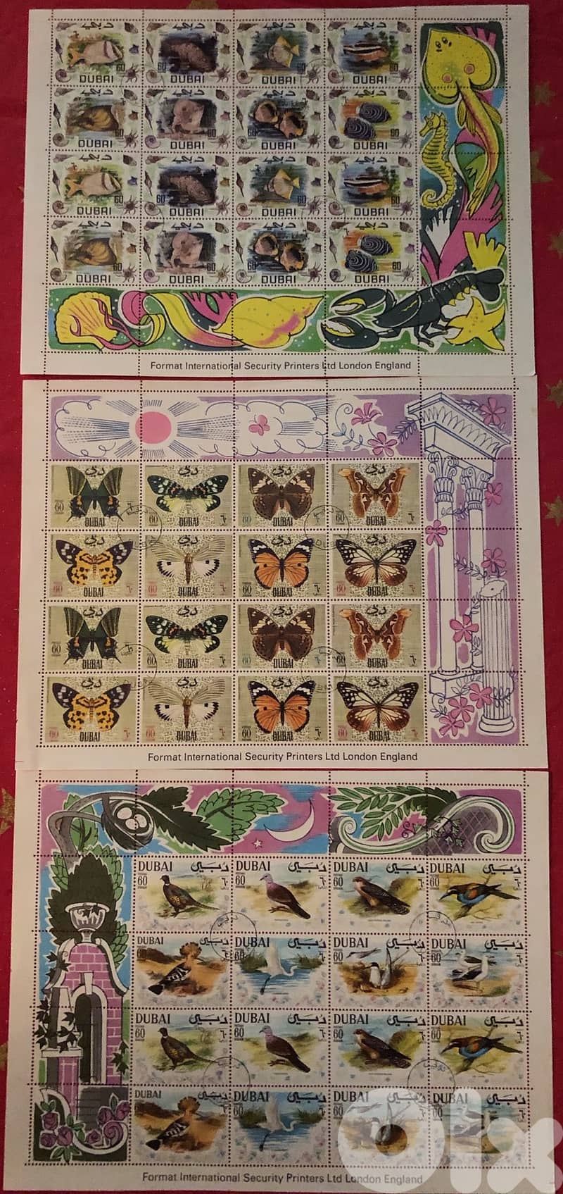 3 Sheets Fish Butterflies Birds stamps Dubai UAE Emirates 1969 0