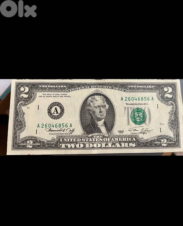 1976 year 2 USD $ two dollars bill serie A rare A26046856A 0