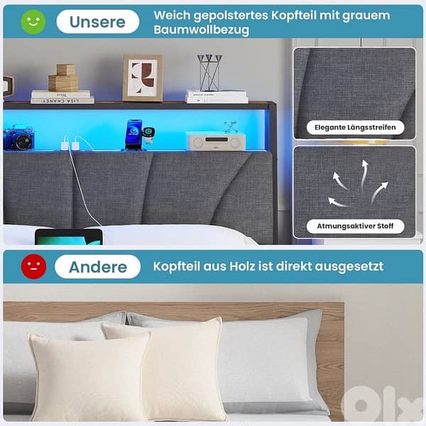 Bed with metal slatted frame, headboard & charging station, brown+grey 5