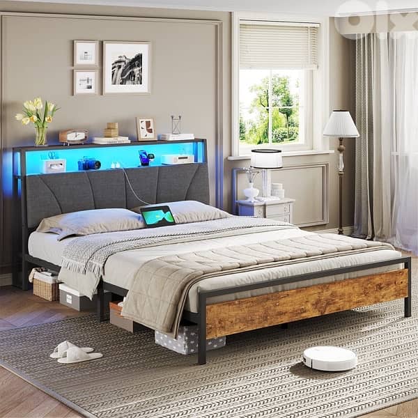 Bed with metal slatted frame, headboard & charging station, brown+grey 8