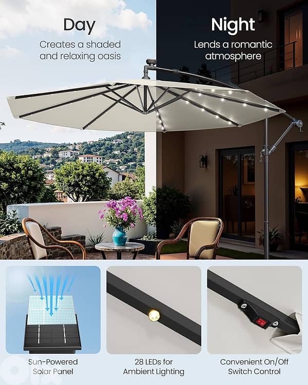 Parasol with Solar-Powered LED Lights, 3 m Banana Patio Umbrella 1