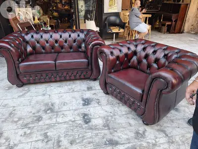 two pieces of chesterfield genuine leather Two seat sofa with one seat