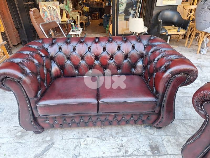 two pieces of chesterfield genuine leather Two seat sofa with one seat 1