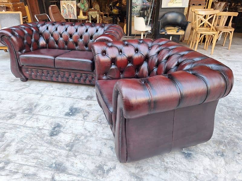 two pieces of chesterfield genuine leather Two seat sofa with one seat 2