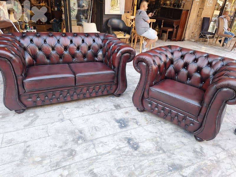two pieces of chesterfield genuine leather Two seat sofa with one seat 3