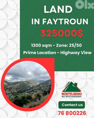 Prime Location 1300 sqm Land For Sale in Faytroun with Highway View !!