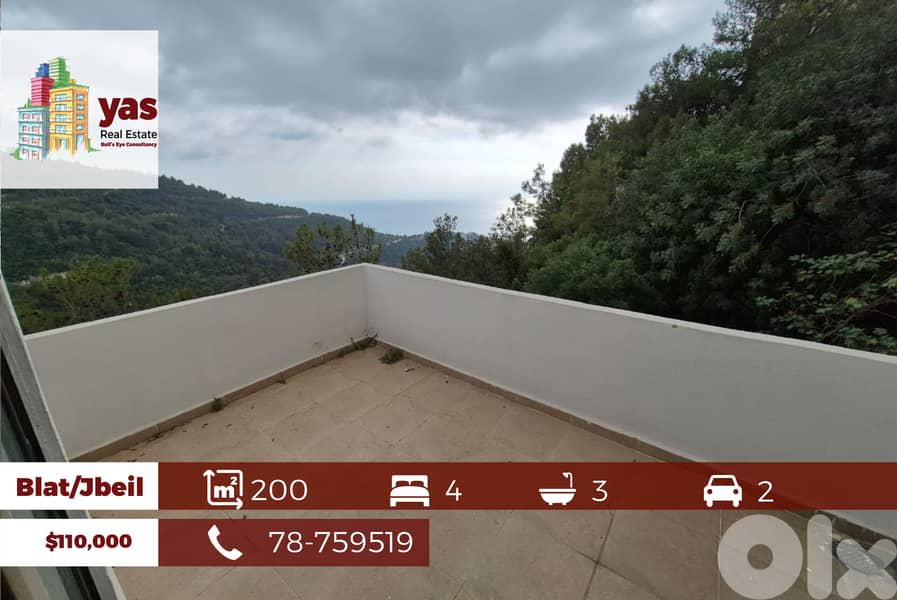 Blat/Jbeil 200m2| 100m2 Terrace | View | Well Maintained | PA| 0