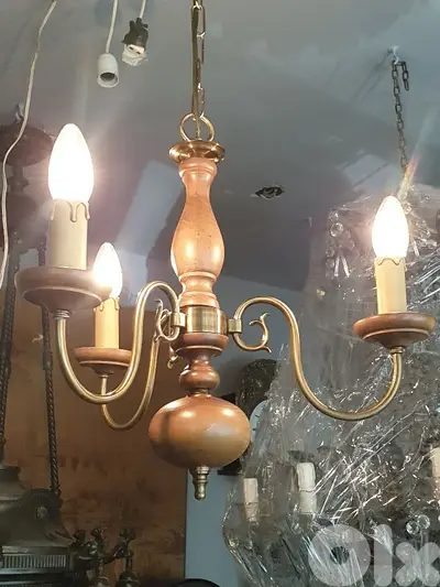flemish brass and wood 3 lamps chandelier