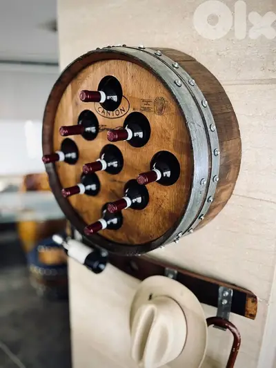 Oak Wine Barrel 9-Bottle Wall Hanger Display Decor